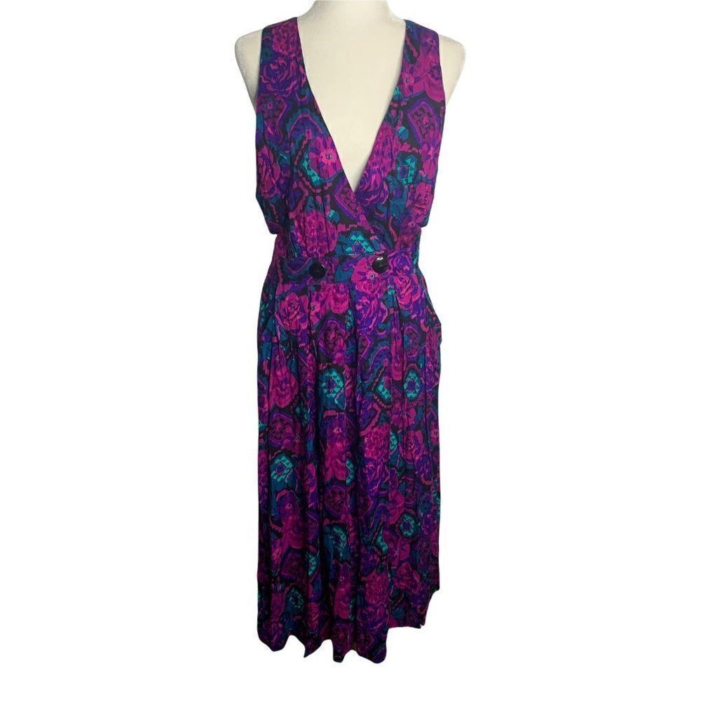 Vintage 90s Sleeveless Maxi Jumper Dress M Purple Floral Pockets